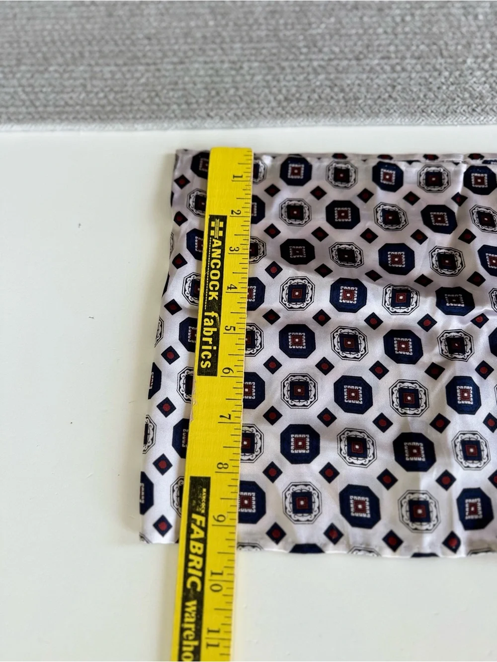 Vintage 70’s White Rectangular Scarf or Belt with Navy Red Geometric Print